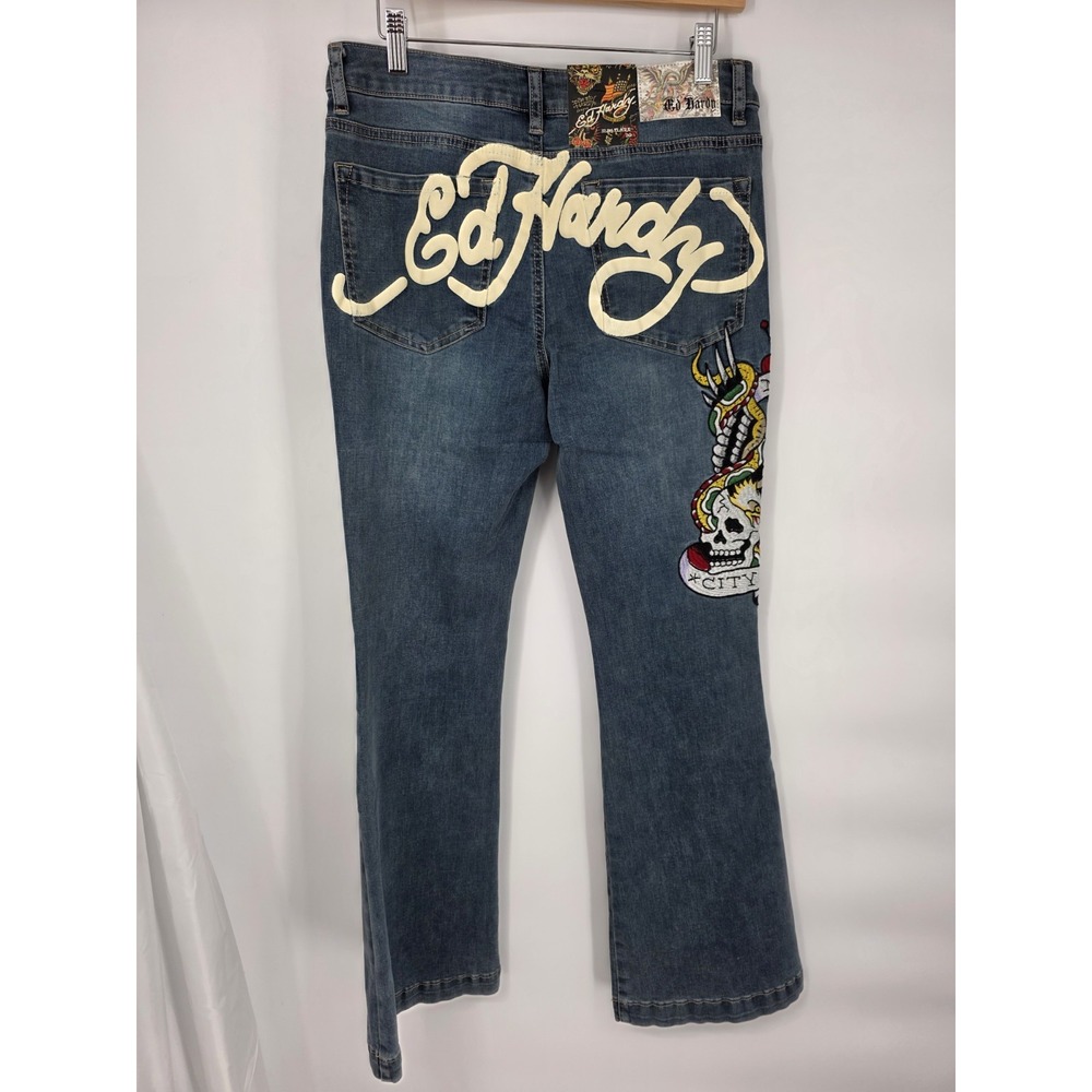 NWT Ed Hardy Slim Fit Flare‎ Jeans "New York" Dragon Embroidered Sz 26x32 Womens - Picture 3 of 10